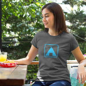 woman outside wearing camping sign shirt