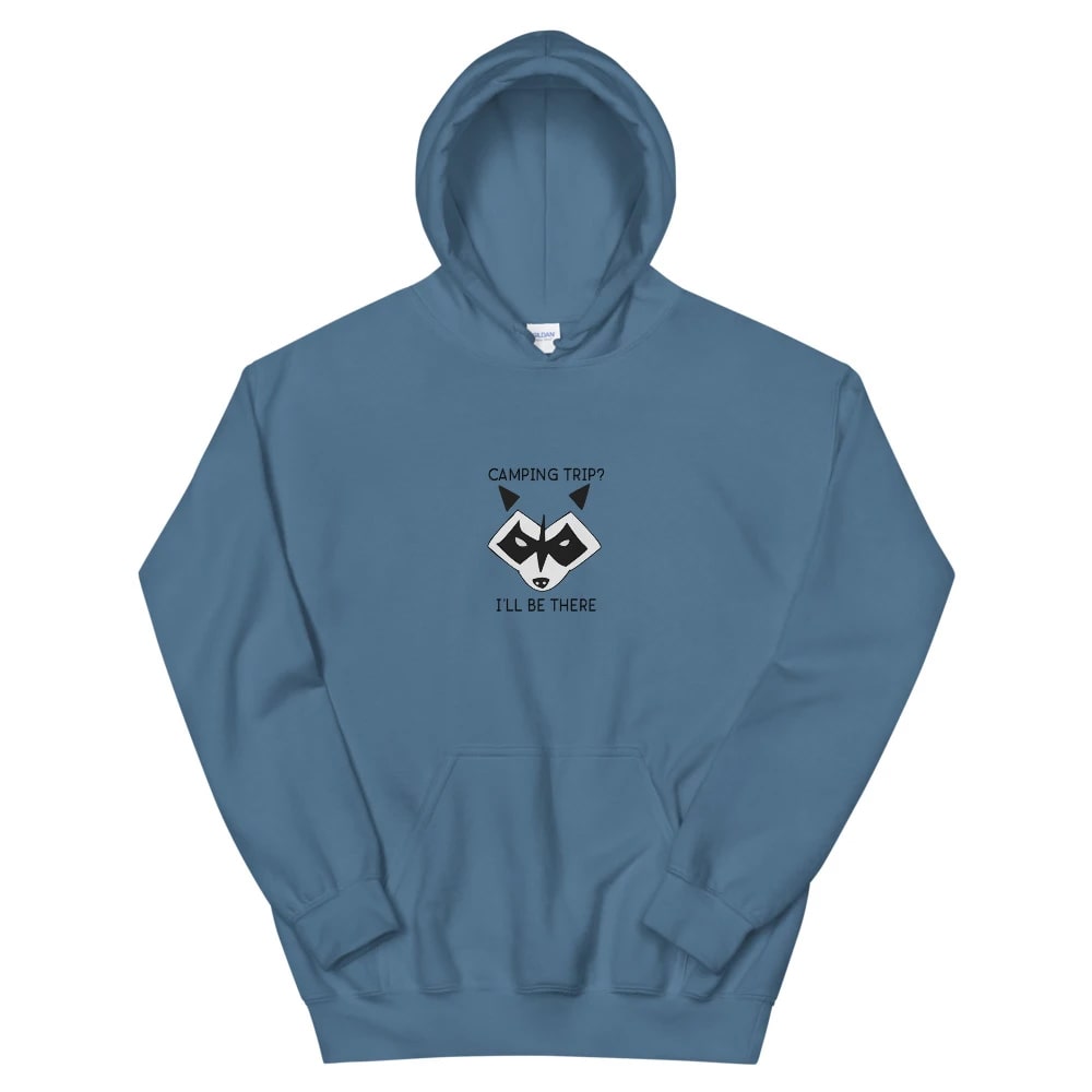 indigo blue camping raccoon hoodie
