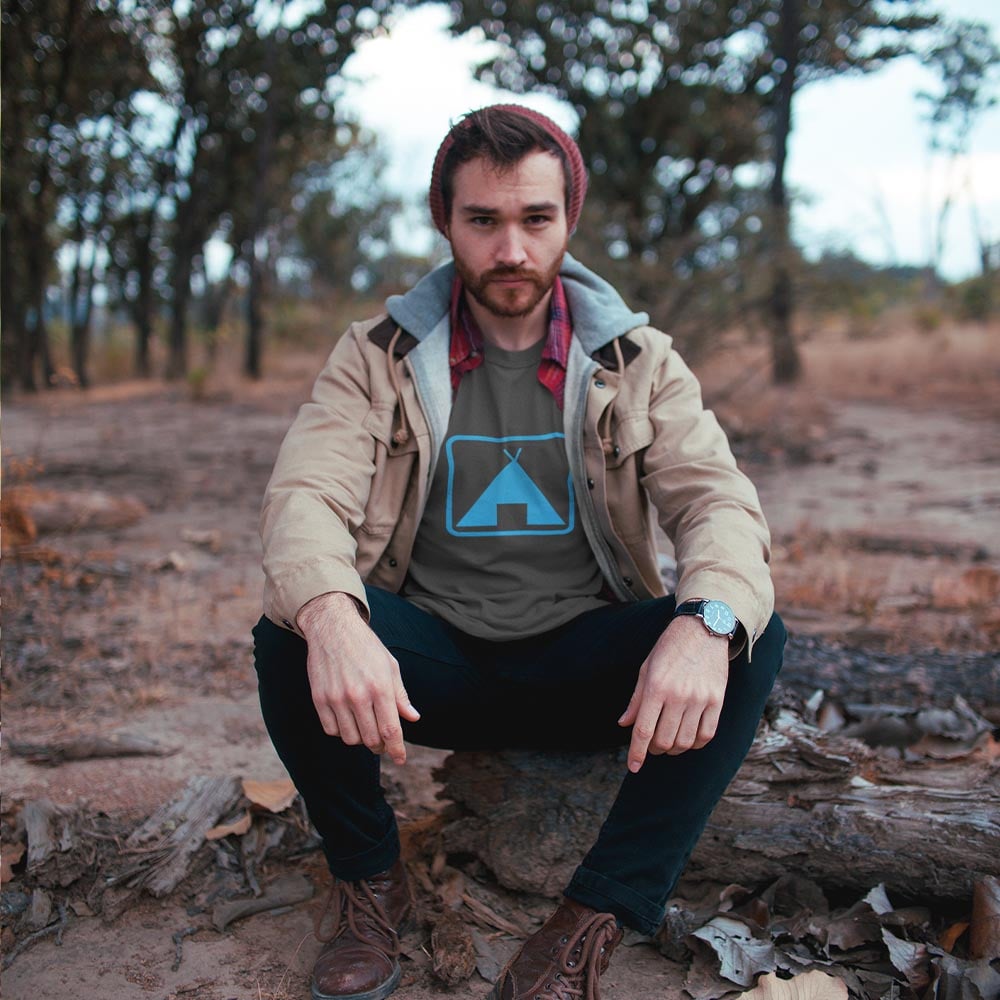 man camping wearing camping sign shirt