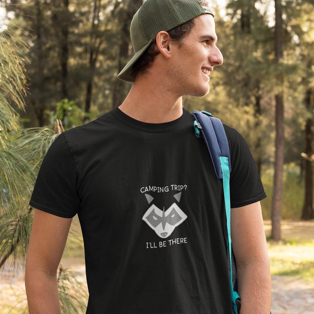 man wearing black camping raccoon shirt