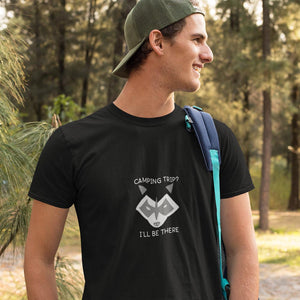 man wearing black camping raccoon shirt