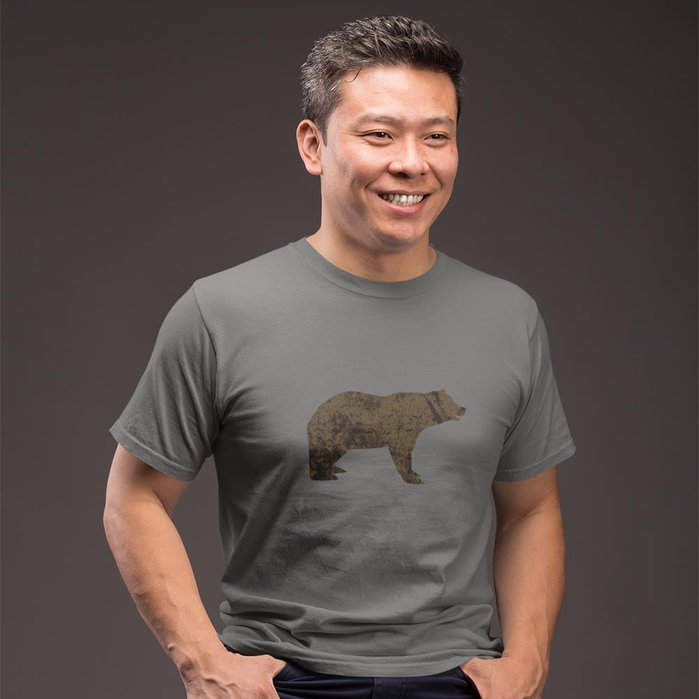 man wearing brown bear t-shirt