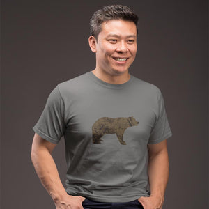 man wearing brown bear t-shirt