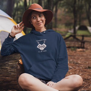 woman camping wearing navy camping raccoon hoodie