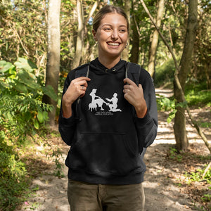 woman hiking wearing happily ever after hoodie