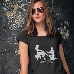 woman with sunglasses wearing happily ever after t-shirt