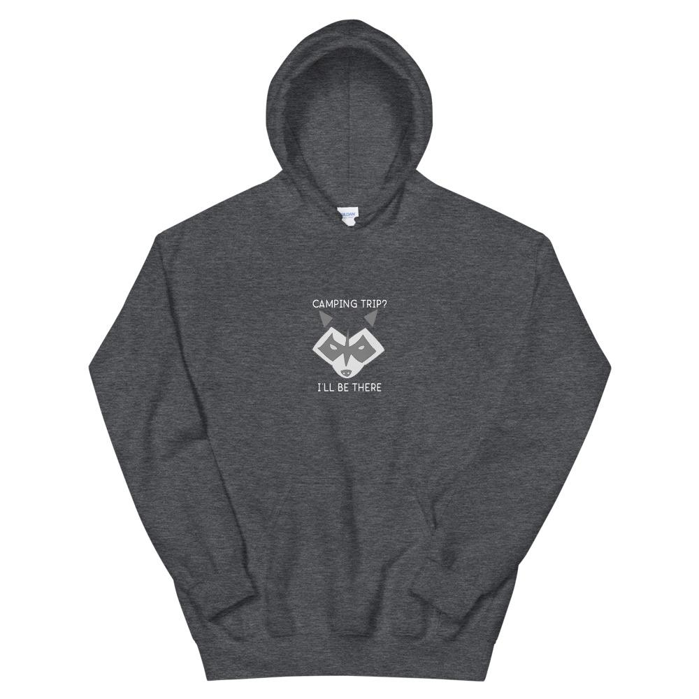 dark heather camping raccoon hoodie